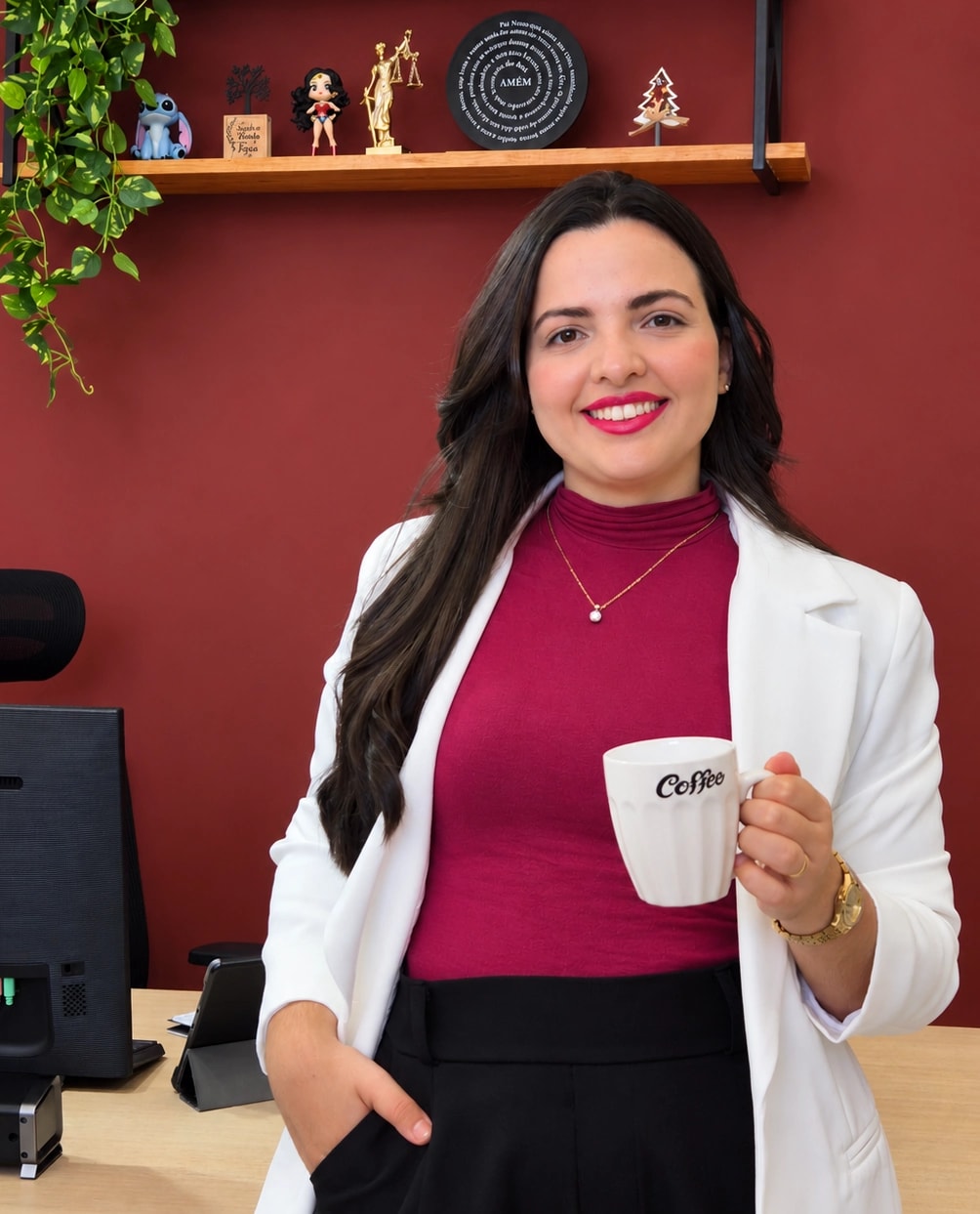Lara Lívyna sorrindo com uma xícara em seu escritório